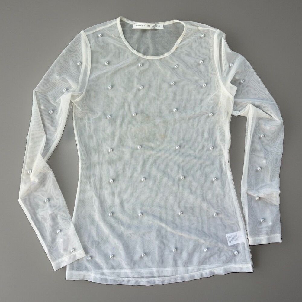 Altard State Pearl Embellished Mesh Top S White Sheer Long Sleeve Blouse Party